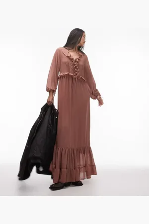 Topshop Long sleeve maxi dress with pintuck detail in spice