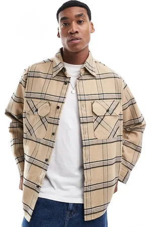 Hugo Blue Ebolt oversized flannel shirt in beige and blue check