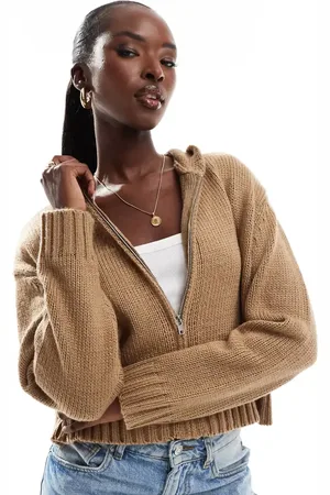 Aria Cove Cropped knitted zip through hoodie in camel