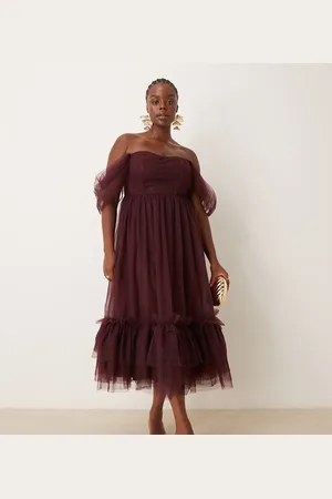 Lace & Beads Off shoulder corset ruffle midaxi dress in plum