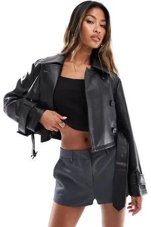 In The Style Cropped double breasted leather look jacket in