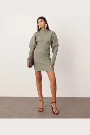 ASOS Structured sleeve mini dress with pleat waist in khaki green