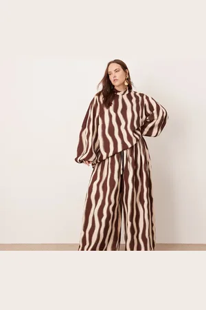 ASOS Curve super wide leg drawstring waist co-ord in chocolate wavey print