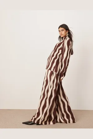ASOS Super wide leg drawstring waist co-ord in chocolate wavey print