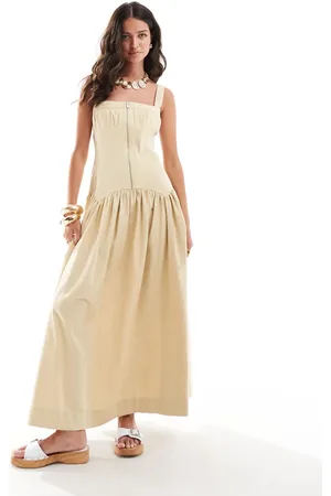 ASOS Midi zip front corset hem twill smock dress in stone
