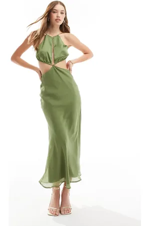 ASOS Halter cut out midaxi dress with satin bodice in khaki