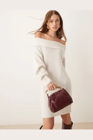 ASOS Knitted one shoulder jumper dress in ecru