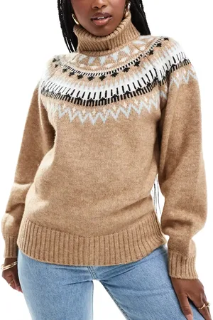 South Beach Roll neck jaquard knit jumper in beige
