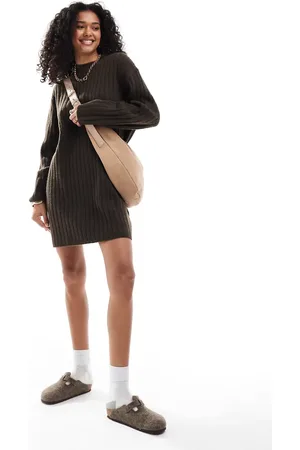 ASOS Knitted crew neck mini dress in wide rib in chocolate