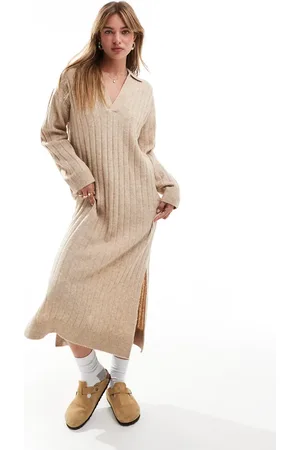JJXX V neck collared knitted ribbed dress in cream