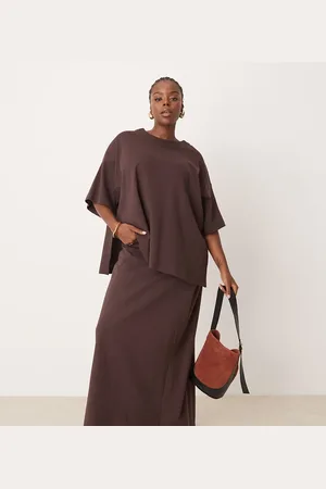 ASOS Curve premium heavy weight textured jersey column maxi skirt co-ord in chocolate