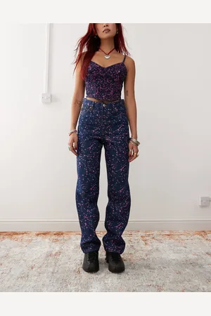Monki Co-ord Aimo straight leg jeans in dark with pink paint splatter print