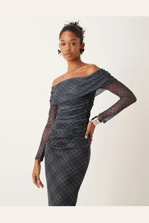 New Look Co-ord mesh bardot long sleeve top in check