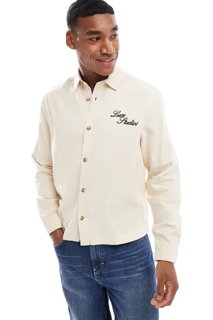 ASOS Boxy denim overshirt with chest embroidery in ecru