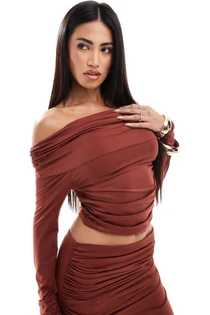 Aria Cove Slinky ruched bardot long sleeve top co-ord in rust