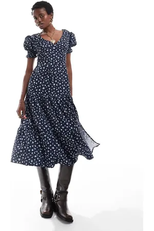 Daisy Street V neck midi tea dress in navy white ditsy