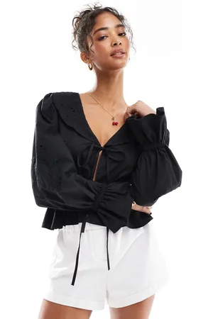 Miss Selfridge Poplin tie front cutwork blouse in