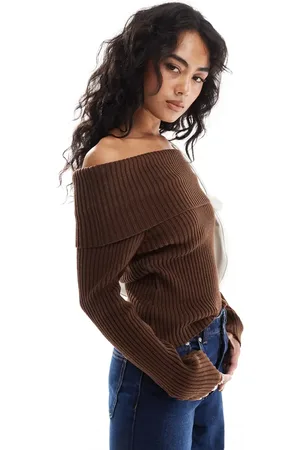 ASOS Knitted fold over bardot top in chocolate