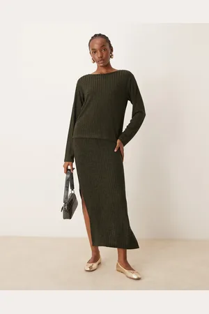 JDY Ribbed midi skirt co-ord in khaki