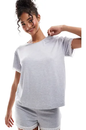 ASOS Mix & match super soft pyjama tee in marl with lace trim