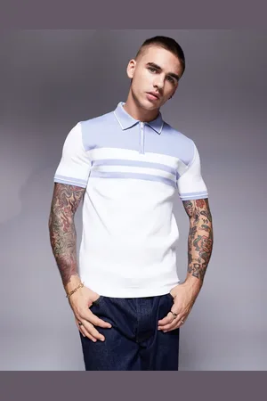 River Island Muscle fit zip polo in and blue