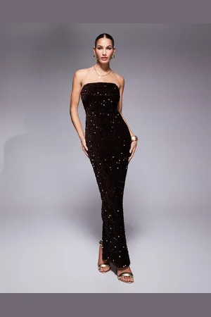 Jaded Rose Corset bandeau maxi dress in chocolate velvet sequin