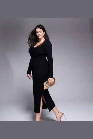In The Style Soft ribbed v neck maxi jumper dress in
