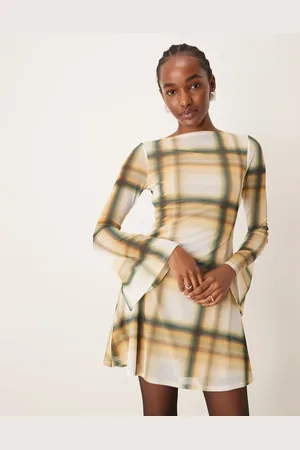 ASOS Long sleeve mini skater dress with open back in check print