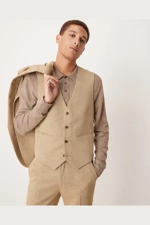 ASOS Wedding slim wool mix suit waistcoat in beige basketweave texture