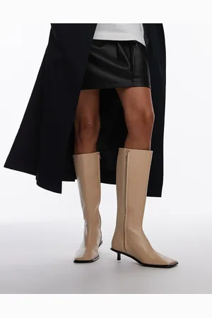 Topshop Taylor premium leather knee high heeled sock boots in off white