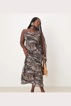 ASOS ASOS DESIGN Curve cami maxi dress with neck tie in grey abstract print