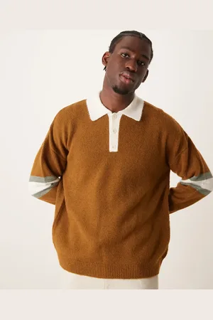 ASOS Relaxed fluffy knitted rugby polo with sleeve panel in tan