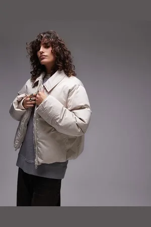 Topshop Collar cropped puffer jacket in stone