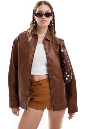 Miss Selfridge Washed faux leather oversized bomber jacket in chestnut