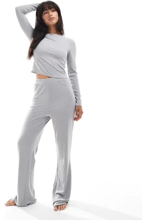 Loungeable Long sleeve top & flare legging lounge set in silver
