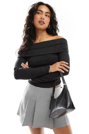 Bershka Ribbed bardot top in dark
