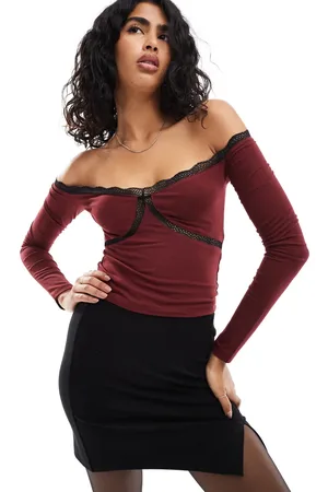 ASOS Off shoulder lace trim top in burgundy