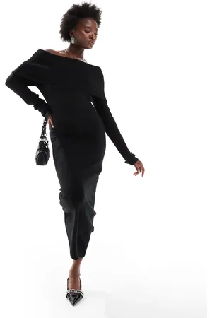 Pieces® Off shoulder long sleeve ribbed knit maxi drress in