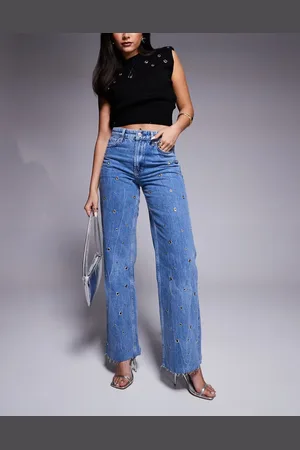 River Island Relaxed straight leg jean with eyelet detail in midwash