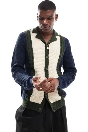 ASOS Knitted long sleeve polo in navy and cream with khaki cable knit detail