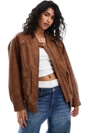 Bershka Faux leather oversized bomber jacket in tobacco