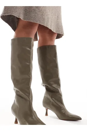 ASOS Wide Fit Crimson pull-on kitten heeled knee boots in khaki