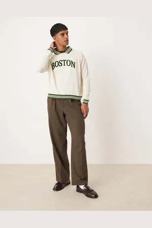 ASOS Oversized boxy fit knitted polo jumper in cream with varsity text