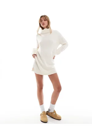 Brave Soul Knitted roll neck mini jumper dress in cream
