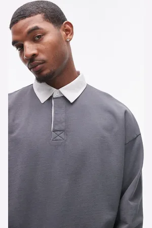 Topman Oversized fit polo with woven collar in washed charcoal