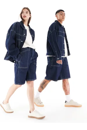 ASOS Unisex long length denim jorts with contrast stitching in rinse wash