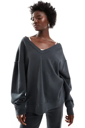 ASOS Co-ord waffle oversized off shoulder v neck sweatshirt in washed charcoal