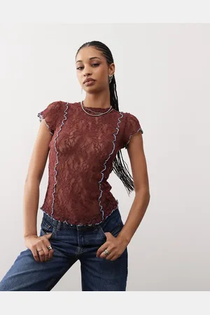 COLLUSION Cap sleeve lace top in with contrast blue seam