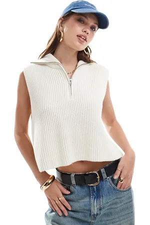 Miss Selfridge Half zip sleeveless knitted vest top in cream