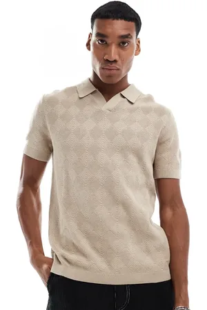 River Island Diamond knit polo in stone